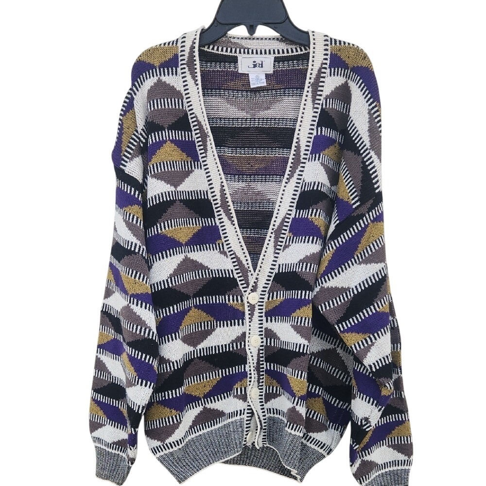 Jed Vintage 80s Coogi Style Knit Grandpa Colorful Cardigan Medium Geo Print
